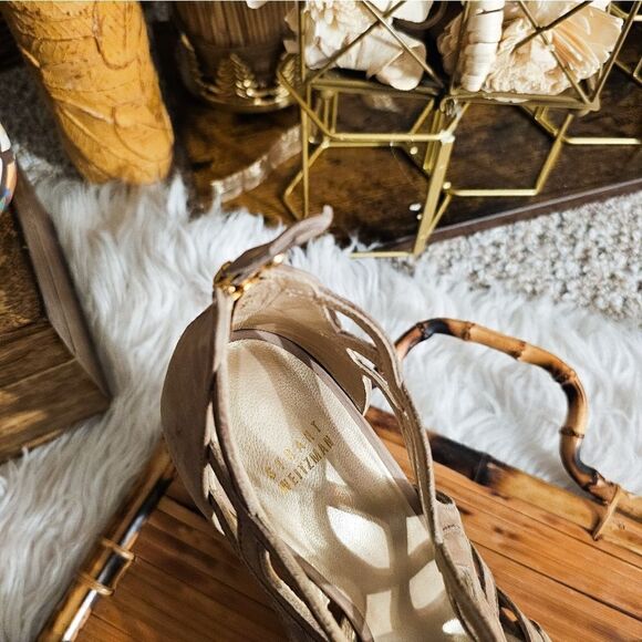 Designer Stuart Weitzman Suede Laser Cutout Detail Party Heels. - Picture 9 of 15